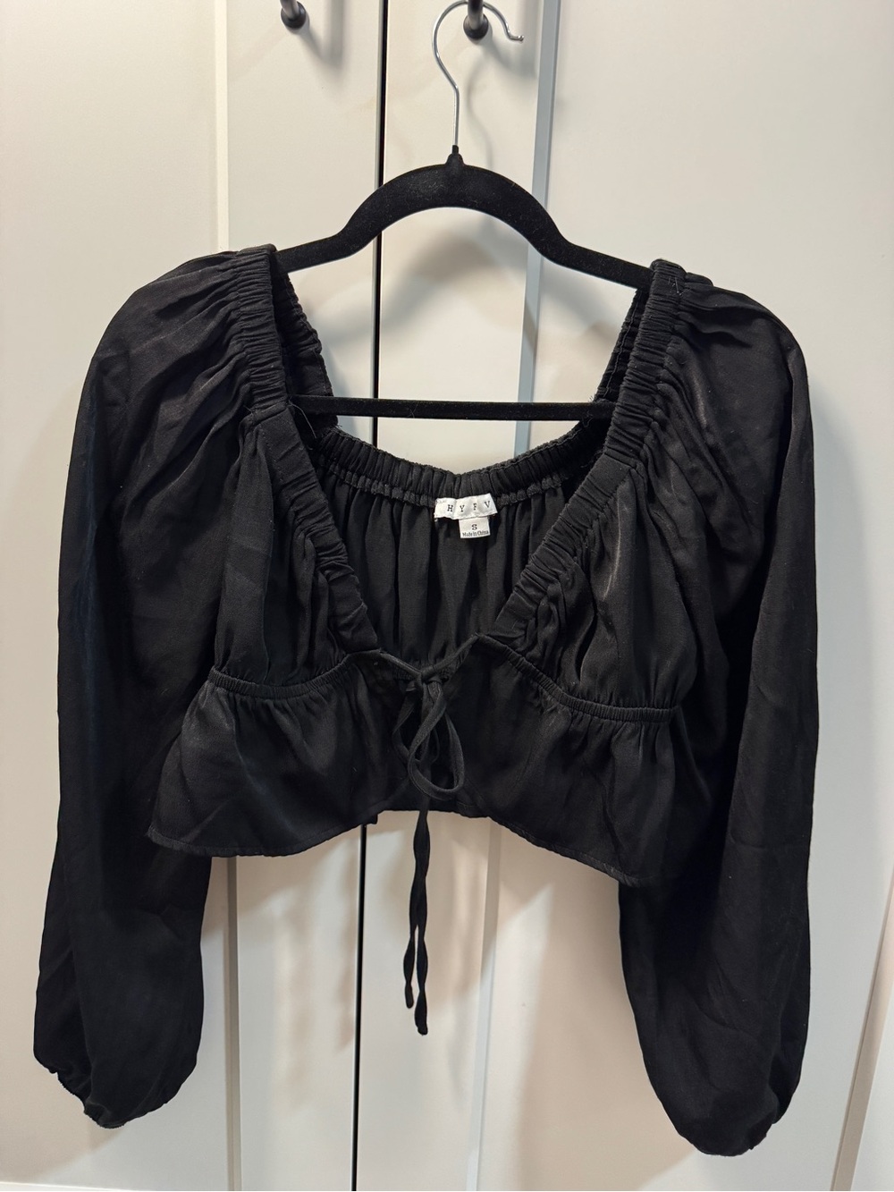 HYFVE Black Puff Sleeve Cropped Peasant Top